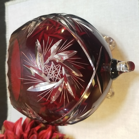 Other - Bohemian Red Cut to Clear Crystal Footed Rose Bowl